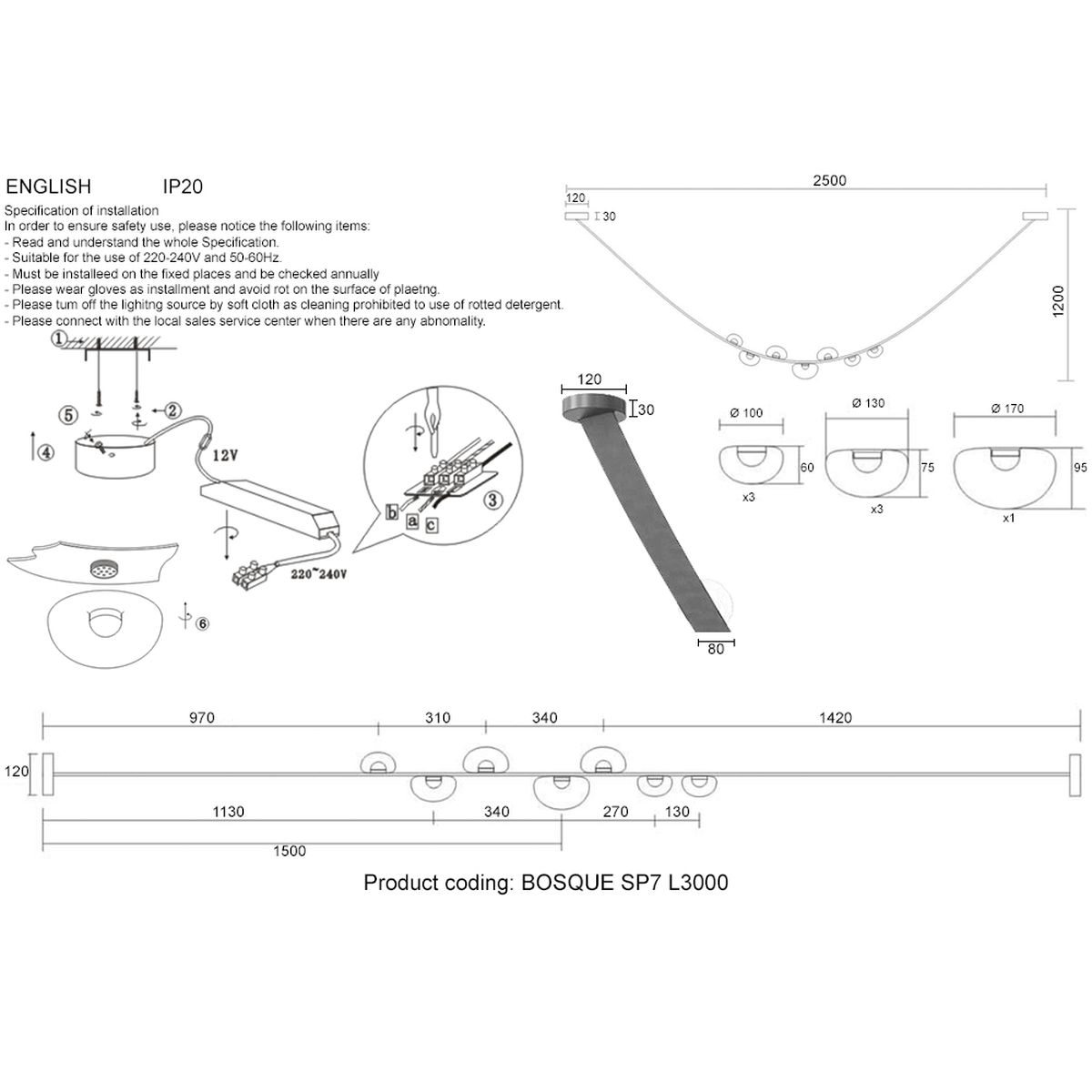 Подвесной светильник Crystal Lux BOSQUE SP7 L3000 GREY/TRANSPARENT 1