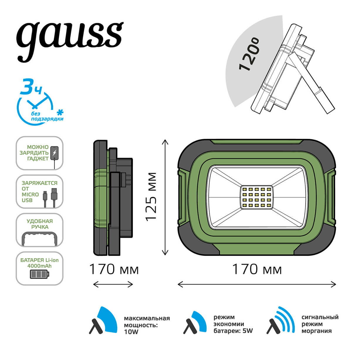 Прожектор светодиодный Gauss Portable Light аккумуляторный 10W 6500K 686400310 2