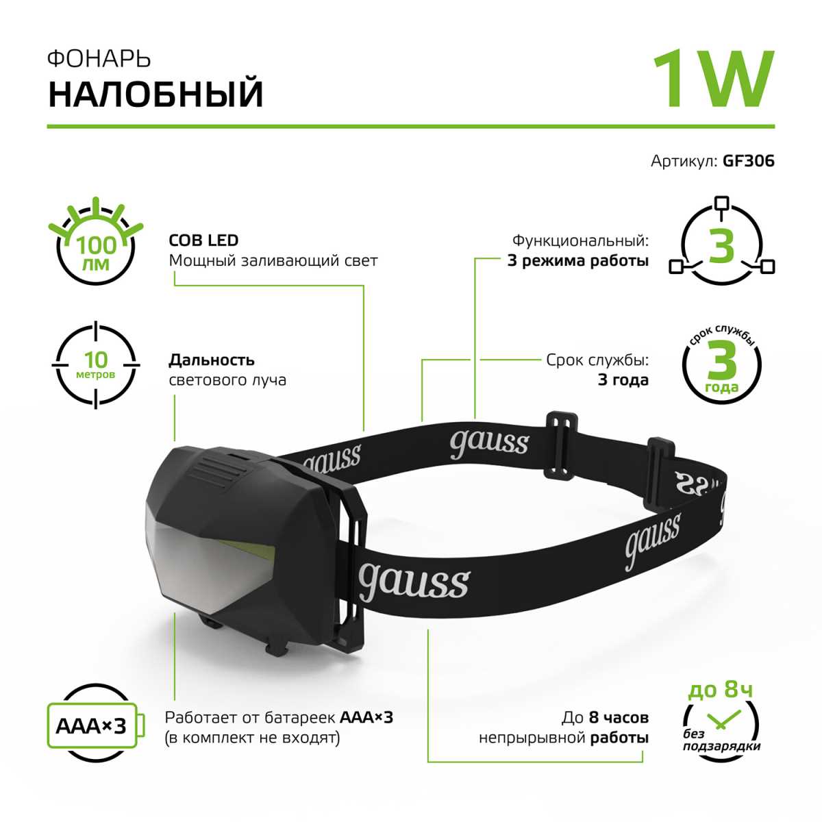 Налобный светодиодный фонарь Gauss от батареек 60х40 100 лм GF306 5