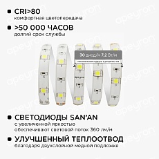 Светодиодная влагозащищенная лента Apeyron 7,2W/m 30LED/m 5050SMD холодный белый 5M 10-01 5