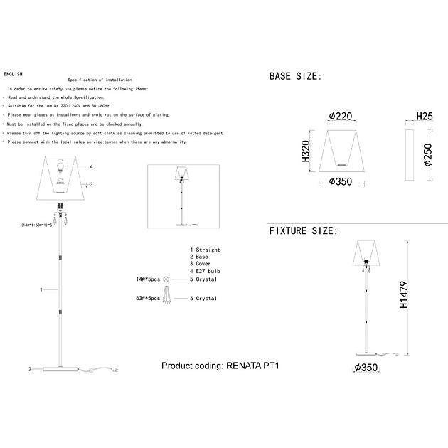 Торшер Crystal Lux Renata PT1 Gold Фото № 2