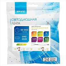 Светодиодная лента Apeyron 4,8W/m 60Led/m 3528SMD дневной белый 5M 00-142 1
