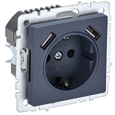 BRITE Розетка 1-местная с заземлением с защитными шторками 16А с USB A+A 5В 2,1А РЮш10-1-БрМ маренго IEK BR-R14-16-U21-D21-K35