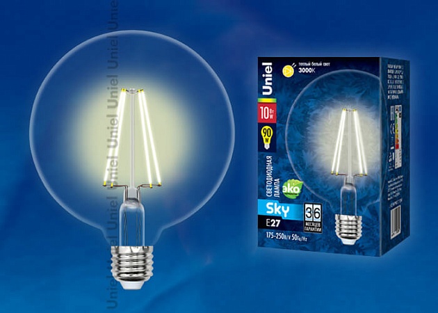 Лампа светодиодная филаментная Uniel E27 10W 3000K прозрачная LED-G125-10W/WW/E27/CL PLS02WH 10534 Фото № 2