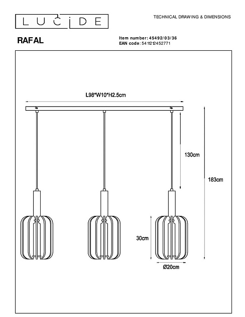 Подвесной светильник Lucide Rafal 45492/03/36 Фото № 2