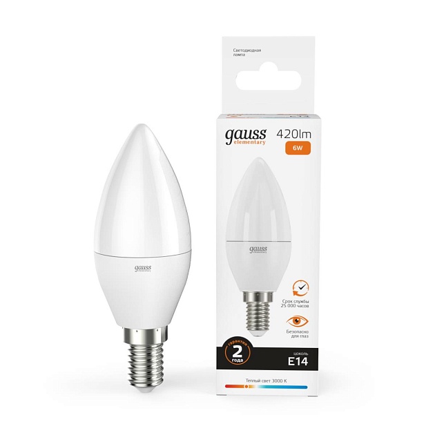Лампа светодиодная Gauss E14 6W 3000K матовая 33116 Фото № 4