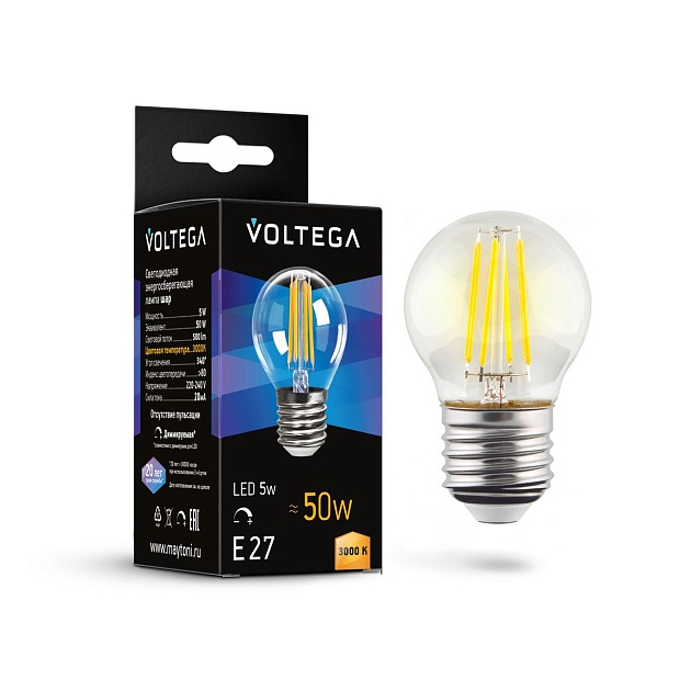 Лампа светодиодная диммируемая Voltega E27 5W 3000К прозрачная 7202 Фото № 1