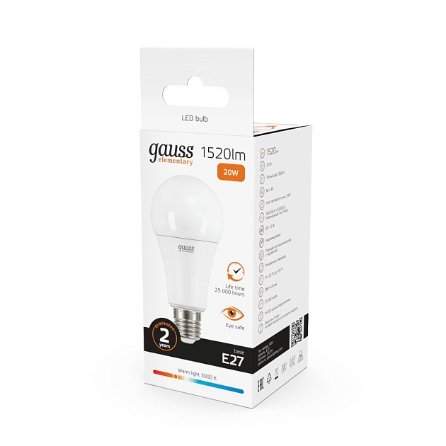 Лампа светодиодная Gauss E27 20W 3000K матовая 23219 Фото № 3