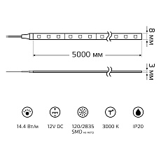 Светодиодная лента Gauss 14,4W/m 120LED/m 2835SMD теплый белый 5M BT085 3